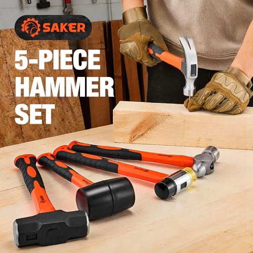 Saker 5-Piece Hammer Set,3lb Sledge Hammer,16oz Rubber Mallet, 16oz Ball Peen Hammer & Claw Hammer, 7oz Cross Peen Hammer for Home Repair & DIY Projects - size: 5 Piece