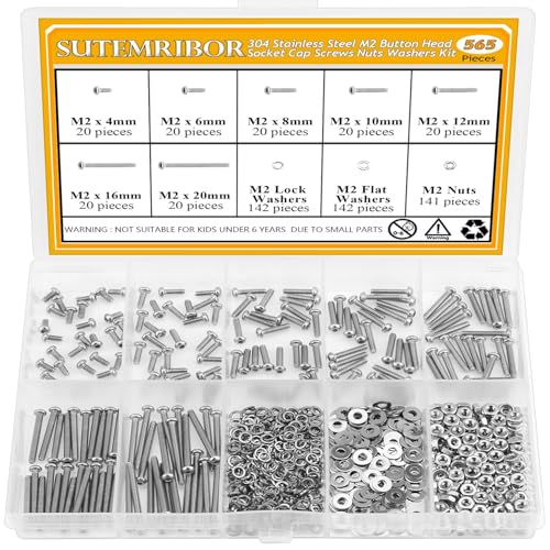 565 Pieces M2 Screws Nuts Washers Set, Sutemribor M2 x 4/6/8/10/12/16/20mm Button Head Socket Cap Screws Nuts Washers Assortment Kit, 304 Stainless Steel, Fully Threaded - size: M2, style: Button Head Socket Cap