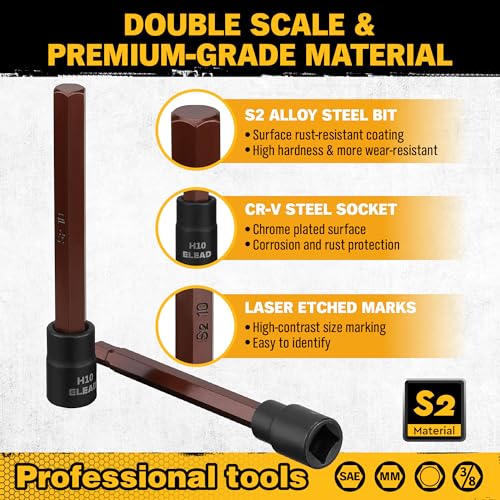 Extra-Long Allen Hex Bit Socket Set: 20-Piece 3/8 Inch Drive, 110mm S2 Steel, Standard SAE & Metric (1/8-Inch - 7/16-Inch, 3-12mm) for Impact Drills and Ratchet Wrenches - style: 110mm Allen Hex Bit Socket Set