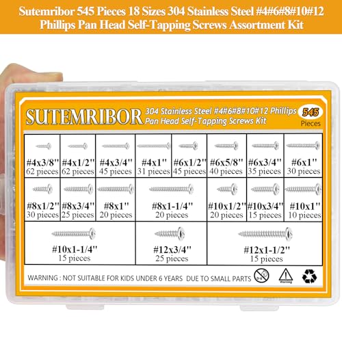 545 Pieces #4#6#8#10#12 Wood Screws Set, Phillips Pan Head #4#6#8#10#12 Self-Tapping Screws Assortment Kit, 304 Stainless Steel - size: Wood Screws Kit (#4#6#8#10#12), style: Phillips Pan Head