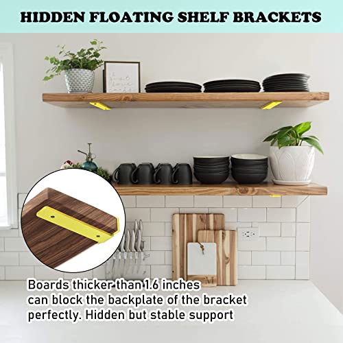 Premium Heavy Duty Shelf Brackets – 0.2In Thick Gold L Shape Shelf Bracket, Hidden Steel Brackets for Shelves - 8 Inch Heavy Duty Floating Shelf Hardware (6Pcs) - color: Gold, size: 8 Inch