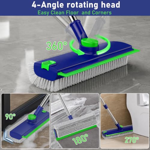 Floor Scrub Brush with Long Handle & Squeegee for Bathroom - color: Blue