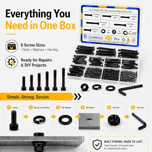320PCS M4 Screws Kit, M4x25/30/35/40/45/50mm Hex Socket Head Cap Bolts Nuts Washers Assortment Set, 12.9 Grade Alloy Steel Black Oxide, M4 Metric Screw for 3D Printer, DIY& Repairs - size: M4 320pcs