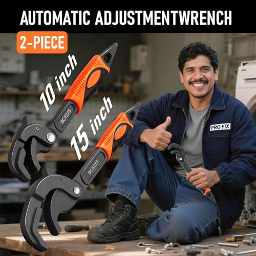 Pipe Wrench Set, 10” and 15” Self Adjusting Wrench 2-Piece Plumbing Tools for 0.55“-2.36”/14-60mm Standard Nuts, Irregular Nuts,Pipes Use