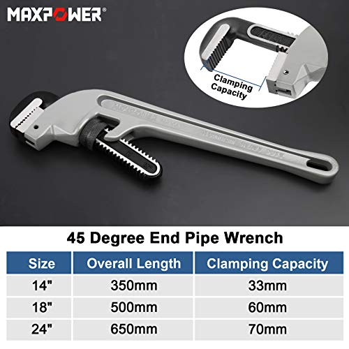MAXPOWER 18-inch Pipe Wrench, 45 Degree Angled Cr-Mo Jaw, 2.36” Opening - size: 18-inch, style: Offset Pipe Wrench