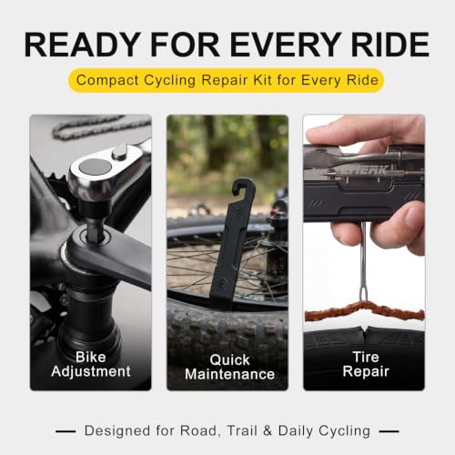 EMERK Bike Repair Tool Kit with Ratchet Wrench, 7 bits & 2 Tire Levers | Portable bike multi tool with Tubeless Tire Repair Plugs for fast repairs on road, mountain and e-bikes.