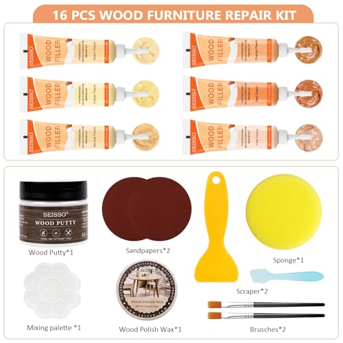 Wood Furniture Repair Kit, 6 Colors Wood Touch up Fillers Hardwood Laminate Vinyl Floor Repair Kit with Wood Putty, Wood Polish Wax for Hole, Scratch, Crack, Stain (Peach Wood 16Pcs) - color: Peach Wood 15 Pcs
