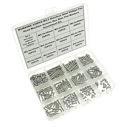 420PCS M2.5 Phillips Pan Head Machine Screws Nuts Flat Washers Kit;304 Stainless Steel;Screws Length:4mm to 30mm - size: M2.5