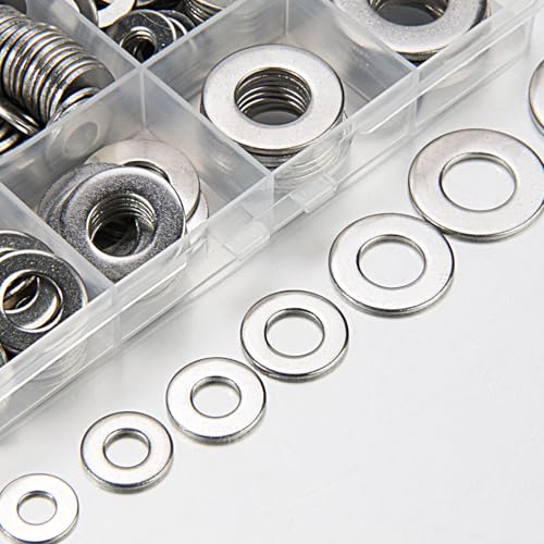Linkup 550 Pcs SAE Flat washers for Screws for Bolts 2# 4# 6# 8# 10# 12# 3/16'' 1/4'' 5/16'' 3/8'' 7/16'' 1/2'',(18-8) 304 Stainless Steel washers Assortment kit, ANSI/ASME B18.22.1 Metal Washers Set - size: SAE 550pcs set
