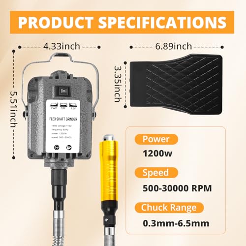 1200W 30000RPM Electric Flex Shaft Rotary Tool, Flex Shaft Grinder, Hanging Wall Mount Rotary Tool with Foot Pedal Control, Metal Flexible Shaft, Polishing Accessories