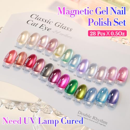 Double Rhythm 28Pcs 0.5Oz Glass Cat Eye Gel Nail Polish Set Same Color Same Bottle Magnetic Jelly Gel Polish Kit Nail Art Manicure Salon DIY at Home (Nude Pink Blue Green-T24-10) - color: Magnetic Red Pink Silver
