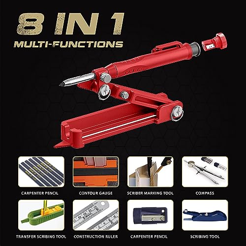 Multi-function Scribing Tool, Zinc Alloy Smart Scribe Tool with Solid Carpenter Pencil, DIY Scribe Tool Woodworking, Gauge Scriber Line Maker, Measuring Tool with Scale, Red - color: Red