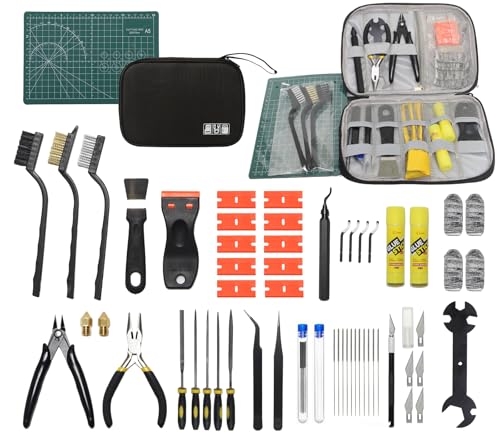 60PCS 3D Printer Cleaning Tool Kit for Bambu Lab, Nozzle Cleaning Needles, Deburring Tools, Scraper, Pliers, Tweezers, Cutting Mat, Glue Stick, Complete Accessories Set with Storage Bag