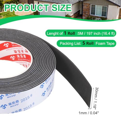 PATIKIL 5Roll Sponge Rubber Foam Tape, 1 3/16" W x 1/32" t x 16.4ft l Self-Adhesive Foam Insulation Tape Weather Stripping for Window Door Soundproofing Weatherstrip AC Seal Strip, Black - size: 1 3/16" x 1/32" x 16.4ft