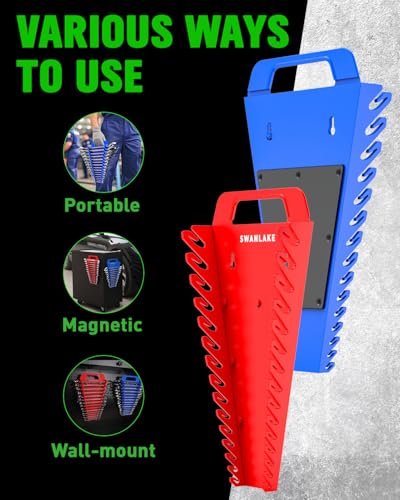SWANLAKE Magnetic Wrench Organizer Toolbox Holder, 2-Pack SAE (1/4'' to 1-1/16''), Metric (6mm to 27mm) Ratchet Wrench Organizers, Total Hold 30 Slots Wrench Holders for Tool Box - style: 30-Slot Red&Blue