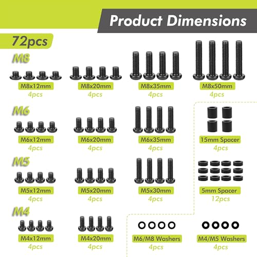 Universal TV Mount Screws Kit, M4 M5 M6 M8, Washers&Spacers, 72PCS, Black