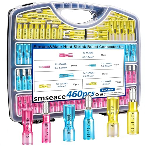 smseace 460PCS Heat Shrink Bullet Connectors Assortment Kit 22-10AWG Waterproof Bullet connectors Packed in Handheld Box for Automotive Boat Stereo Industrial Equipment - size: 460Pcs