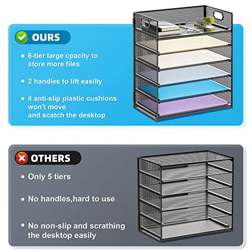 Marbrasse 2 Pack Desk Organizer with Handle, 6 Tier Paper Letter Tray, Mesh Desk File Organizer for Office, School and Home - color: 2 Pack 6 Tier - Black