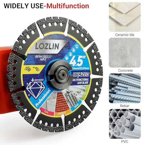 LOZLIN Diamond Blades 5-Pack 4.5" Diamond Multi-Purpose Saw Blades - Heavy Duty Angle Grinder Discs for Cutting Marble/Quartz/Stone/Tile/Metal/Plastic (Black Teeth)