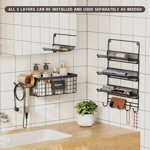 Magheo Hair Dryer Holder Wall Mounted, Adheisve Hair Styling Tool Organizer for hair Brush/Appliance Wall Mount with 5 Tier Shelf Basket Hooks Blow Dryer and Straightener Holder for Bathroom(Black) - color: Black