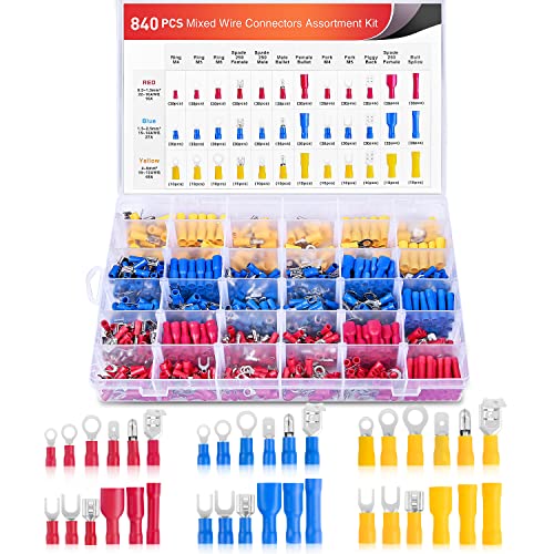 Nilight 840PCS Mixed Quick Disconnect Insulated Crimp Terminals | Electrical Butt Bullet Spade Bullet Fork Ring Solderless butt Splice piggyback Male Female Connector Assortment Kit for 22-10 AWG Wire - color: 840PCS Mixed Crimp Terminals