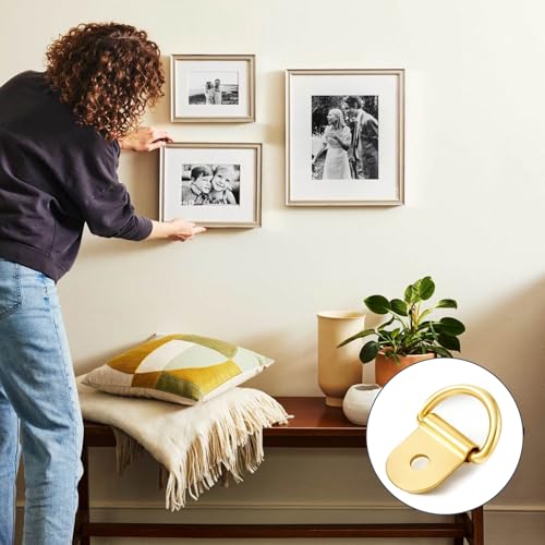 100pc Picture Hangers Kit D-Ring Hooks with Screws Heavy Duty for Hanging - color: Gold