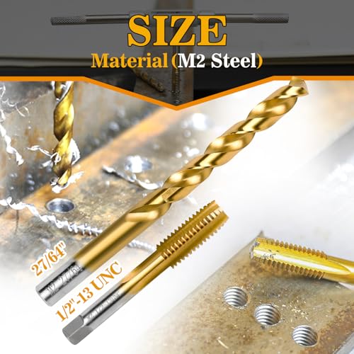 1/2"-13 UNC Tap and 27/64" Drill Bit for Metal, M2 HSS Drill and Tap Set - size: 1/2"-13 Tap, 27/64" Drill
