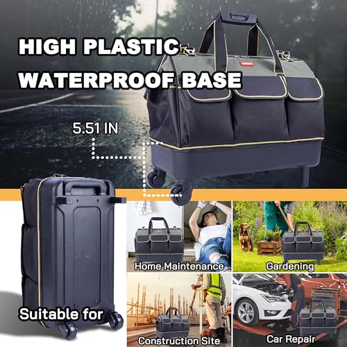 rolling tool bag with wheels for Electrician HVAC Tool Bag Organizer ，Hidden pull rod, plastic bottom, lightweight