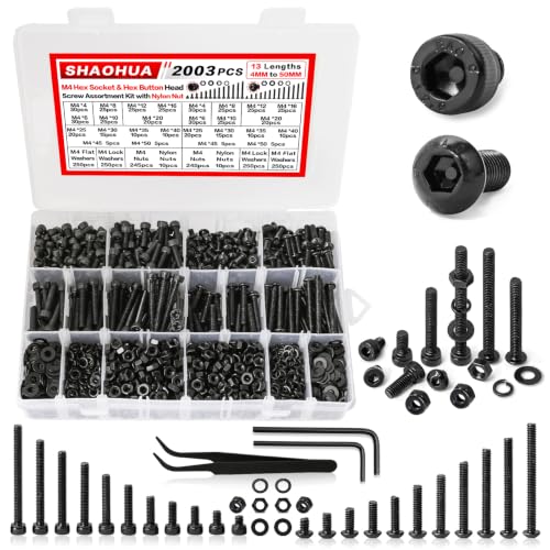 2002Pcs M4 Hex Socket & Button Head Bolts and Nuts with Nylon Nuts - size: K. M4