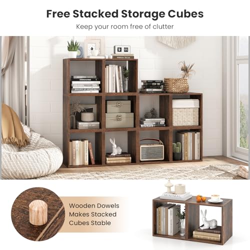 2 Stackable Cubes Bookcase, Wooden Cubby Storage Organizer - color: Rustic Brown