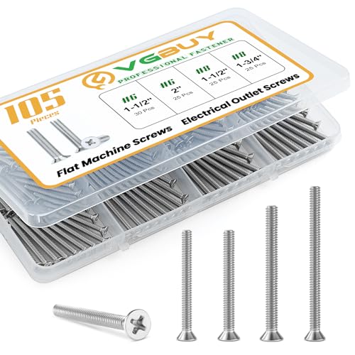 VGBUY 105Pcs Extra Long Outlet Screws Machine Electrical Screws Kit,#6-32#8-32 Phillips Flat Head 304 Stainless Steel for Wall Plate Switch/Outlets,Mounting Electrical Extender - style: 105PCS #6 #8 Kit