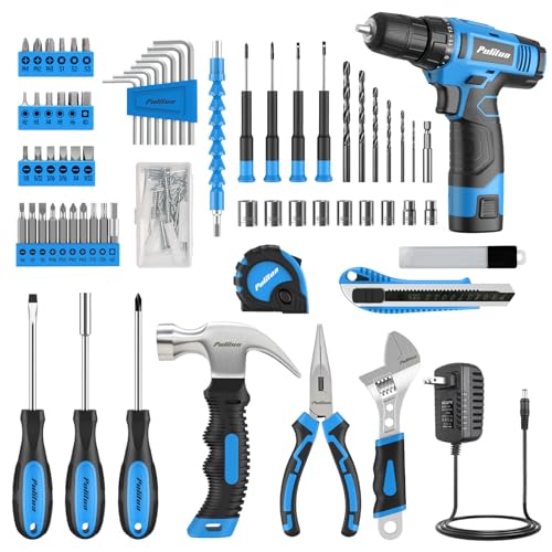 PULITUO Tool Set, 149-Piece Home Drill Set with Blue 12V Cordless Drill, Tool Box, Hand Tool Kits for Women & Men and DIY Enthusiasts, for Home Improvement - style: 12V Set(Blue)