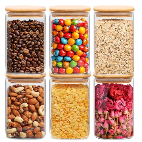 ComSaf Glass Storage Containers with Lids 1.2 Qt, Set of 6 Food Storage Jar | Glass Pantry Storage Containers, Square Kitchen Canisters, Pantry Organizers, Tea, Oat, Spice, Cookie, Coffee Jars, BPA Free - size: 1.2Qt*6