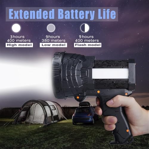 YIERBLUE Rechargeable Spotlight, Super Bright 2000000 High Lumen LED Handheld Spotlight Long Lasting Large Flashlight Searchlight and Flood Camping Flashlight with Foldable Tripod - color: Silver