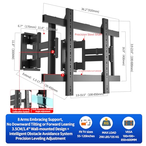 Corner TV Wall Mount for 55-120 inch TV, TV Bracket Hold 298 lbs - size: 55-120 inch
