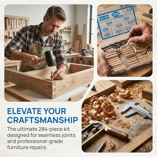 284Pcs 8-Size Wood Dowels Kit with 3 Drill Bits for Woodworking