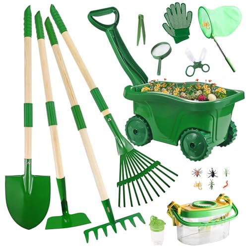 Kids Gardening Tools and Bug Catcher Kit with Wheelbarrow Sets, Ages 2 3+ | Shovel, Rake, Bug Catcher Kit, Summer Outdoor Yard Digging Weed Tools, Easter Birthday Gift for Boys Girls, Green - color: Green-18pcs