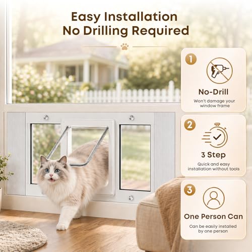 Cat Door for Window, Adjustable 23"-28", 4 Locking Modes + Extra Security Lock for Outside Safety, Window Pet Door with Magnetic Self-Closing, No-Drill Installation, Weatherproof Aluminum Frame Insert - size: 23-28 inches