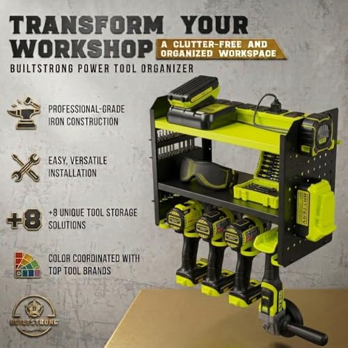 BUILTSTRONG Power Tool Organizer Wall Mount – 3-Tier Heavy-Duty Steel Rack, 4 Drill Slots, Pegboard + Utility Side, 100 lb Capacity – Garage, Workshop & Shed Storage (Green) - color: Green, size: 4 Drill Holder