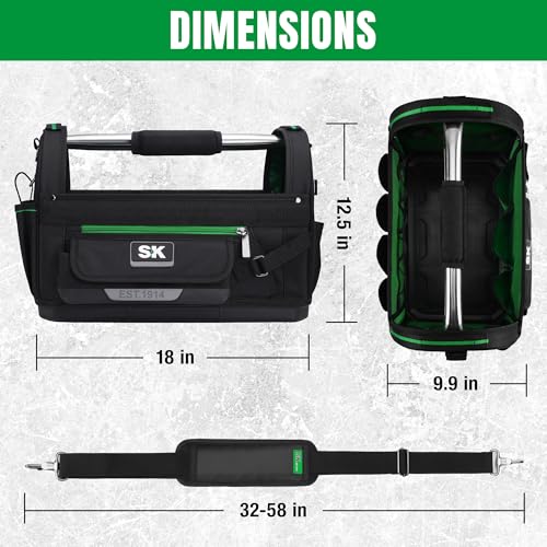 SK 18-Inch Open Top Tool Bag, Tool Tote, 1680D Fabric, Waterproof Hard Base