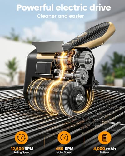 Cordless Electric Grill Brush with LED Light and Front Scraper, Gold - color: Gold