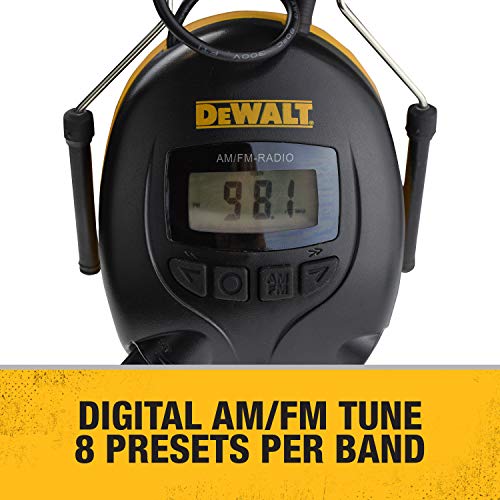 DEWALT DPG15 Hearing Protection Earmuffs with AM/FM Radio, LCD Display, 8 Presets, 3.5mm Aux, NRR 25dB