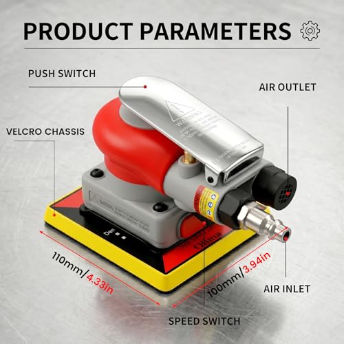 3-in-1Pneumatic Random Orbital Palm Sander, 4 x 4.3 in Air Square Sander, 10000 RPM, with 3 x 4 in Square panels and Triangle Detail Panel for Right-Angle Edges, Woodworking, Metal