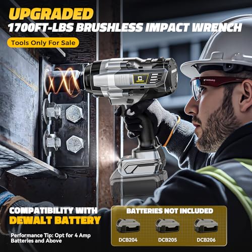 Cerycose Cordless Impact Wrench 1/2 inch Compatible with DeWalt 20V Battery: 1700FT-LBS High Torque Impact Wrench with 6 Sockets & Case - Brushless Electric Impact Gun LED Work Light, Bare Tool - size: 1/2inch, style: Fit for DeWalt（include 6 Sockets）