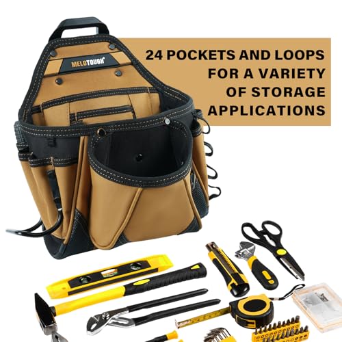 MELOTOUGH Contractor Electrician Tool Pouch - Nail Screw Work Framer Belt With Hammer Loop Clip-on Utility Organizer and Kickstand Back - color: Khaki Tool Pouch