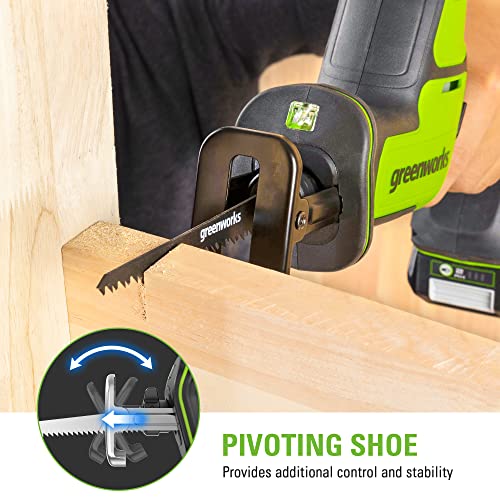 Greenworks 24V Brushless 1" Compact One-Handed Reciprocating Saw (3,000 SPM), Cordless Powered Variable Speed Recip Saw, 2.0Ah Battery and Compact Charger Included,‎ RSG404 - size: Brushless 1" One-Handed Recip Saw, style: 2.0Ah