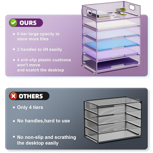Marbrasse 2 Pack Desk Organizer with Handle, 6 Tier Paper Letter Tray, Mesh Desk File Organizer for Office, School and Home - Purple - color: 2 Pack - Purple