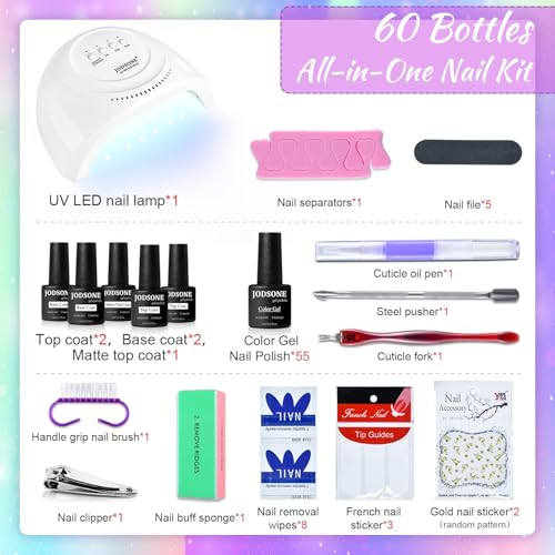 JODSONE 60 PCS Gel Nail Polish Starter Kit With U V Light 55 Kinds Of Color Glitter Gel Polish No Wipe Base And Glossy Matte Top Coat Easy To Apply - color: B22