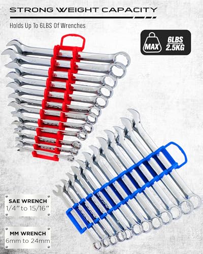 2-Pack Magnetic Wrench Organizer Set, 24-Slot Premium Wrench Rack Holder with Non-Slip Carry Handle for Tool Box Drawer Wall Storage, SAE (1/4'' to 15/16'') & Metric (6mm to 24mm) - style: 24-Slot Compact Handle / 2-Pack