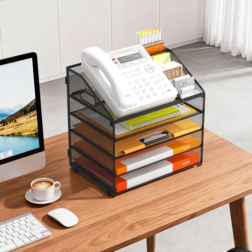 DocNest 5 Tier Metal Mesh Desk File Organizer with Phone Shelf, Black - color: Black, size: 12.6" x 9.1" x 13.3"